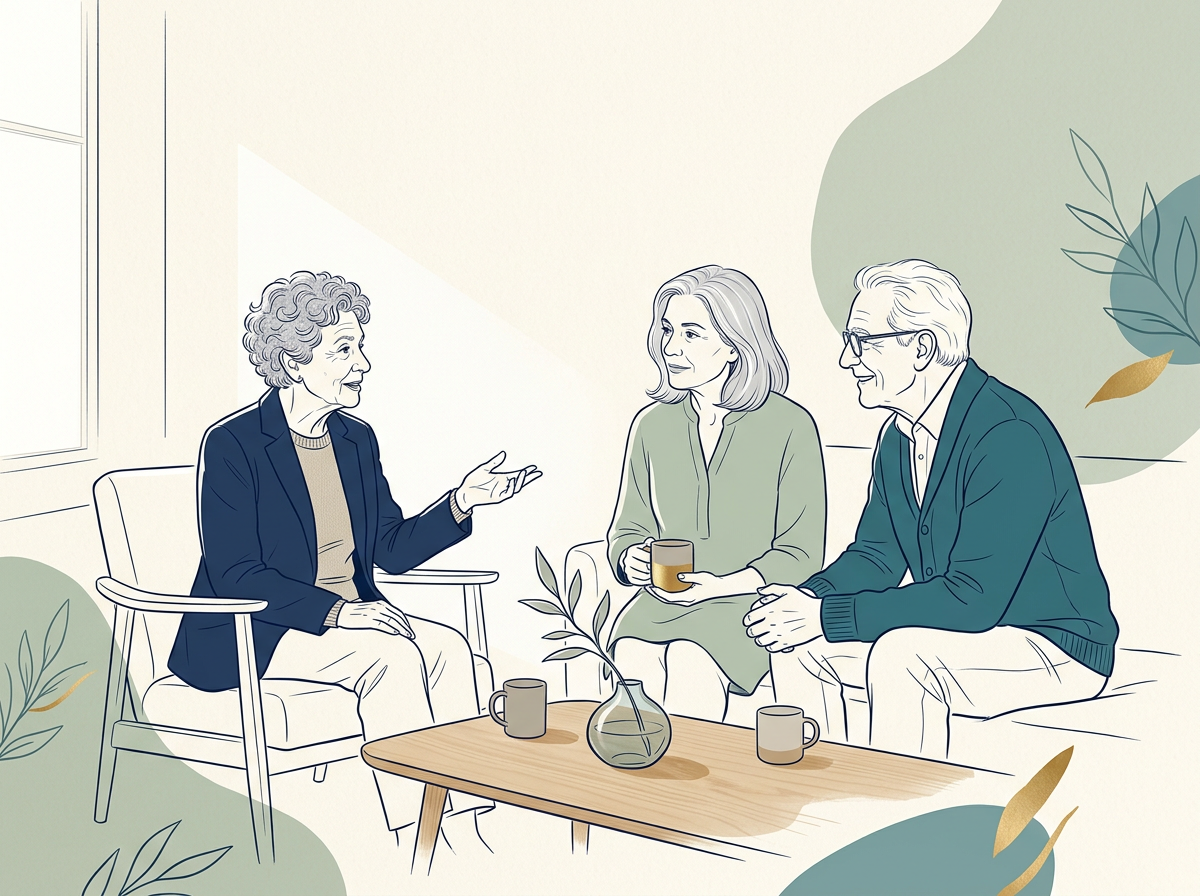 Illustration of three older adults chatting over coffee in a cozy living room