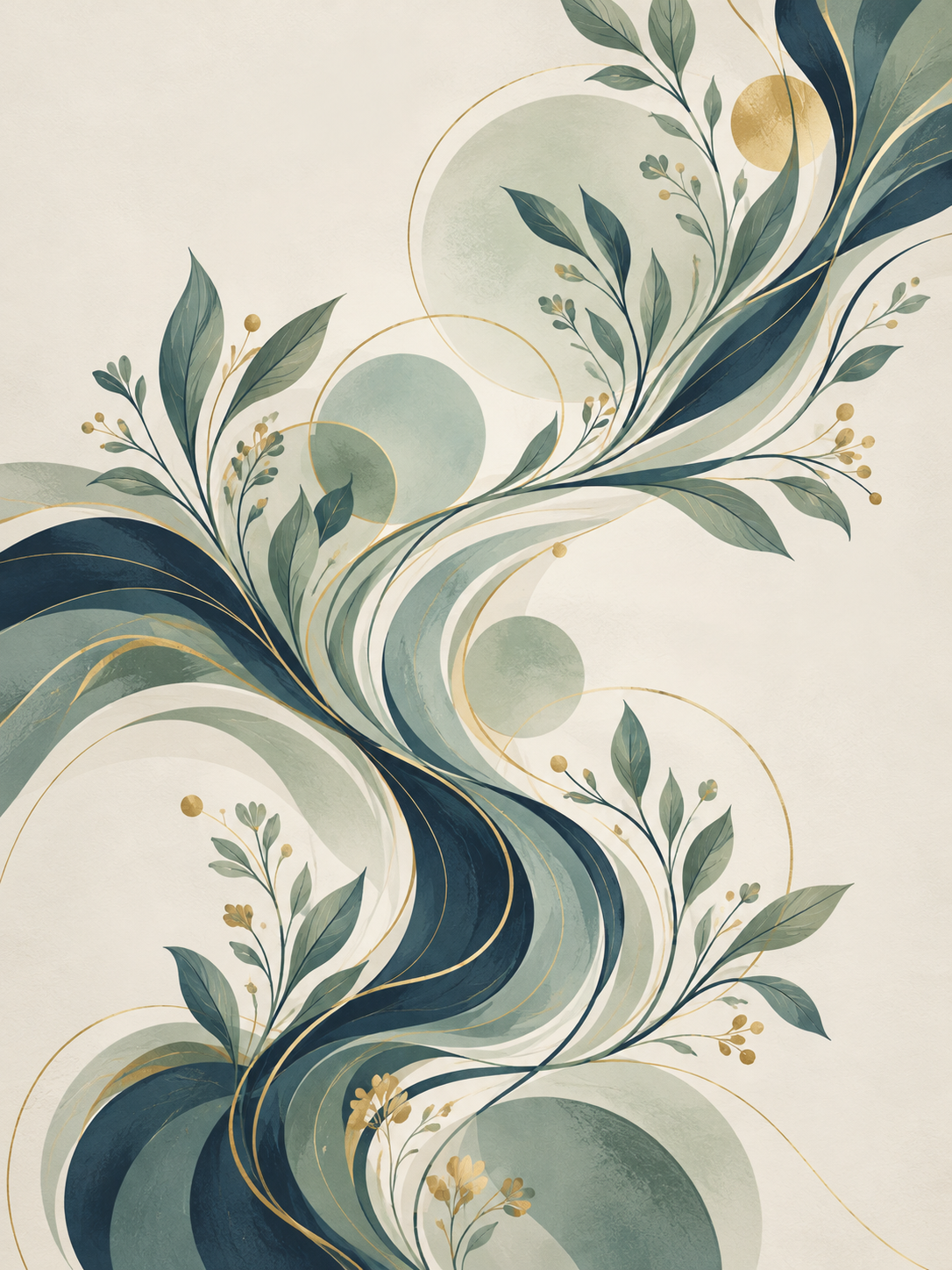 Abstract botanical composition with blue-green flowing leaves, delicate branches, golden berries, and overlapping circular shapes on a cream background