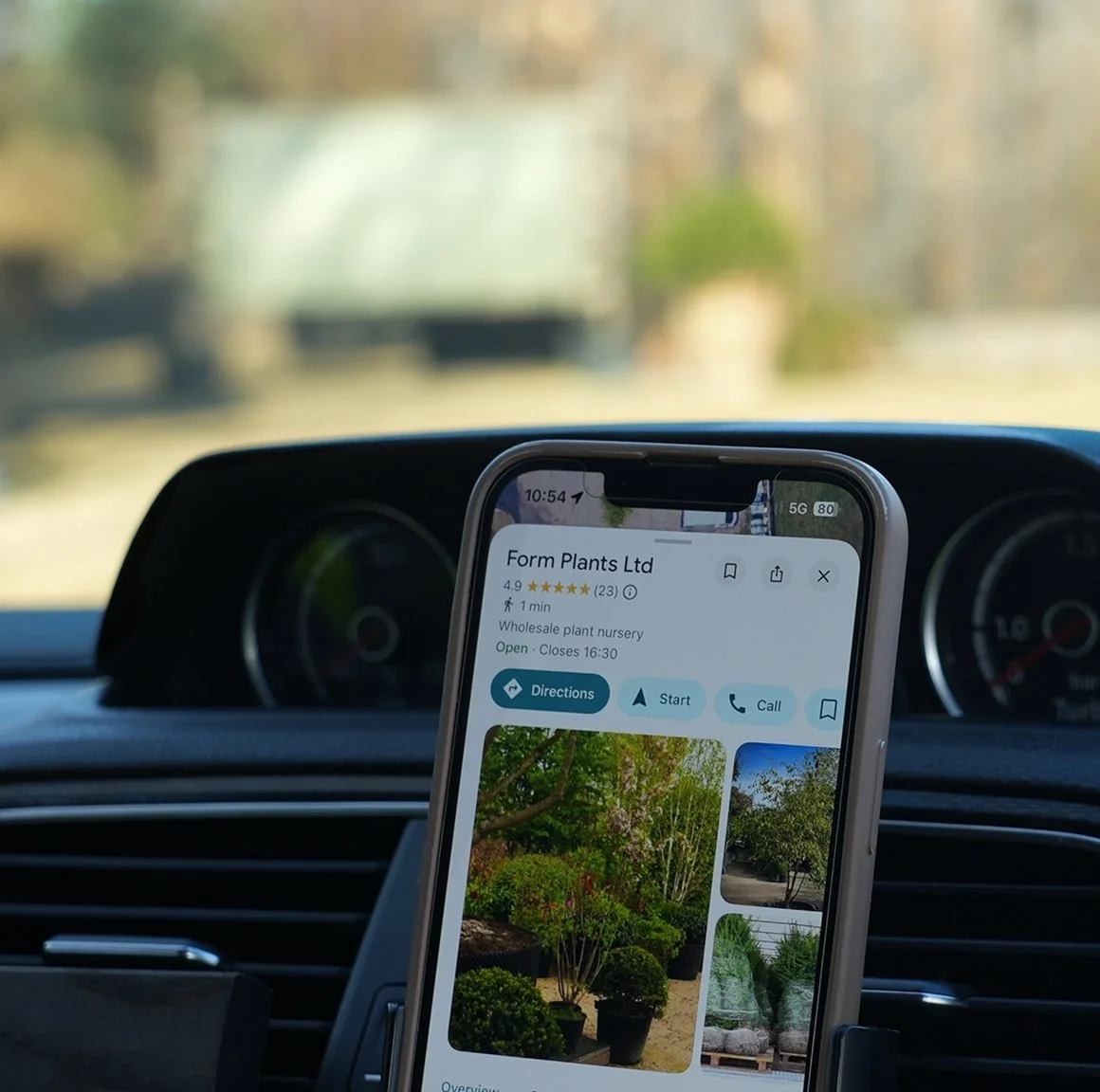Phone showing directions to the Form Plants nursery