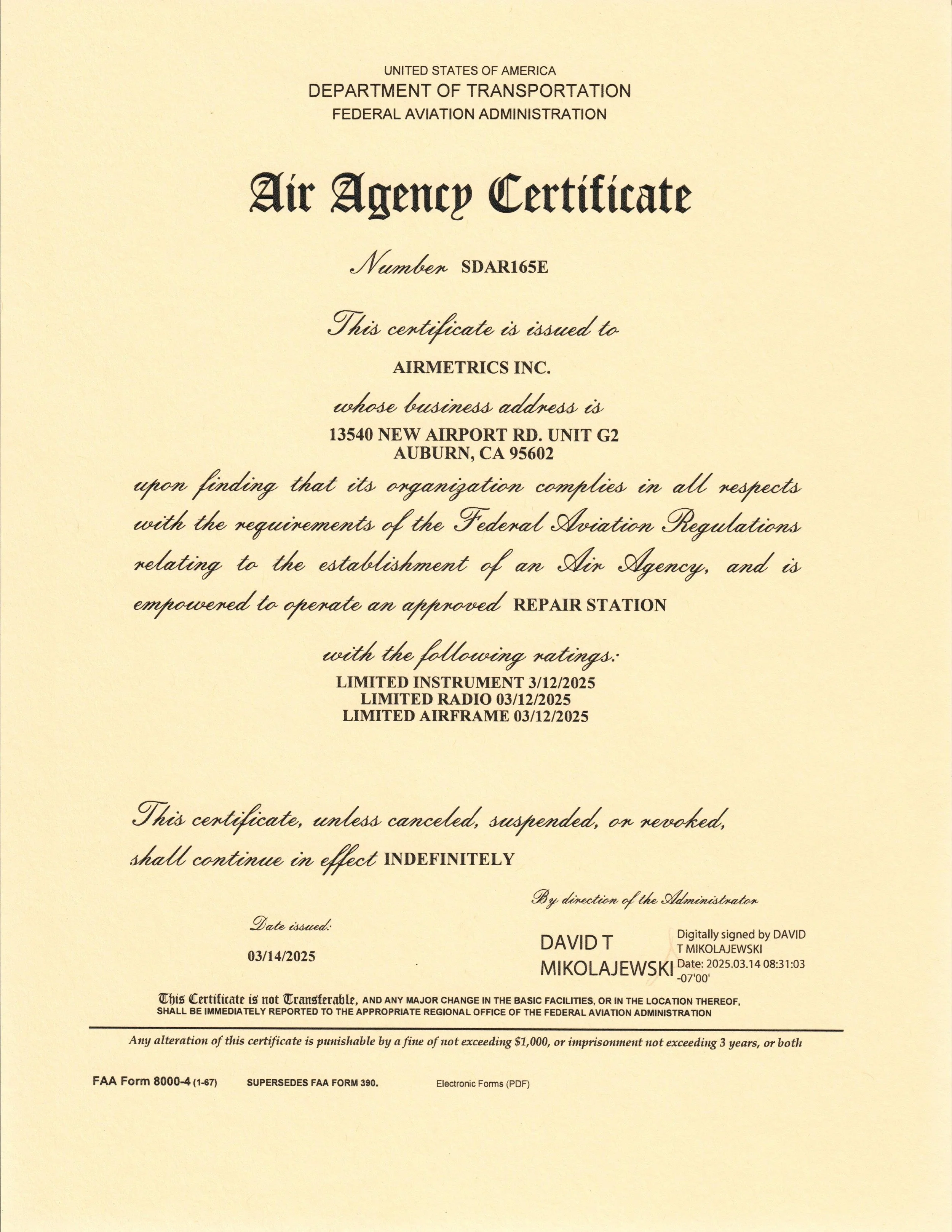 AirMetrics FAA repair station certificate SDAR165E
