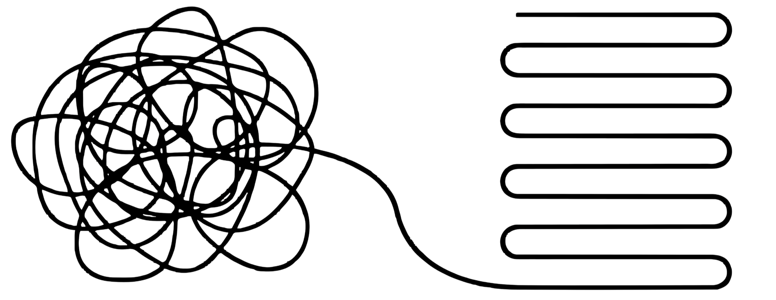Line drawing of a tangled ball of string with an arrow pointing to the right, indicating movement flowing into an functioning operating organized layer.