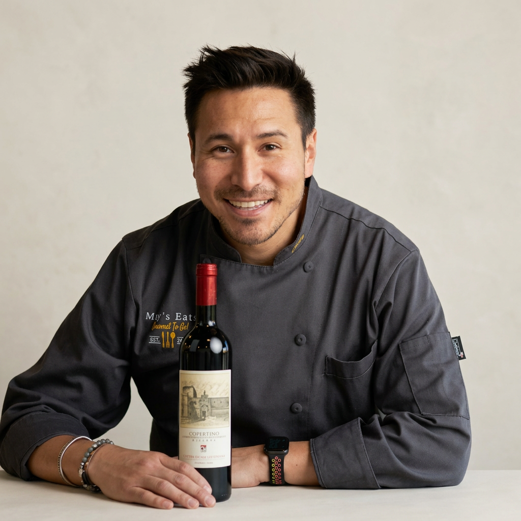 A man in a chef's coat smiling and sitting at a table with a bottle of red wine.