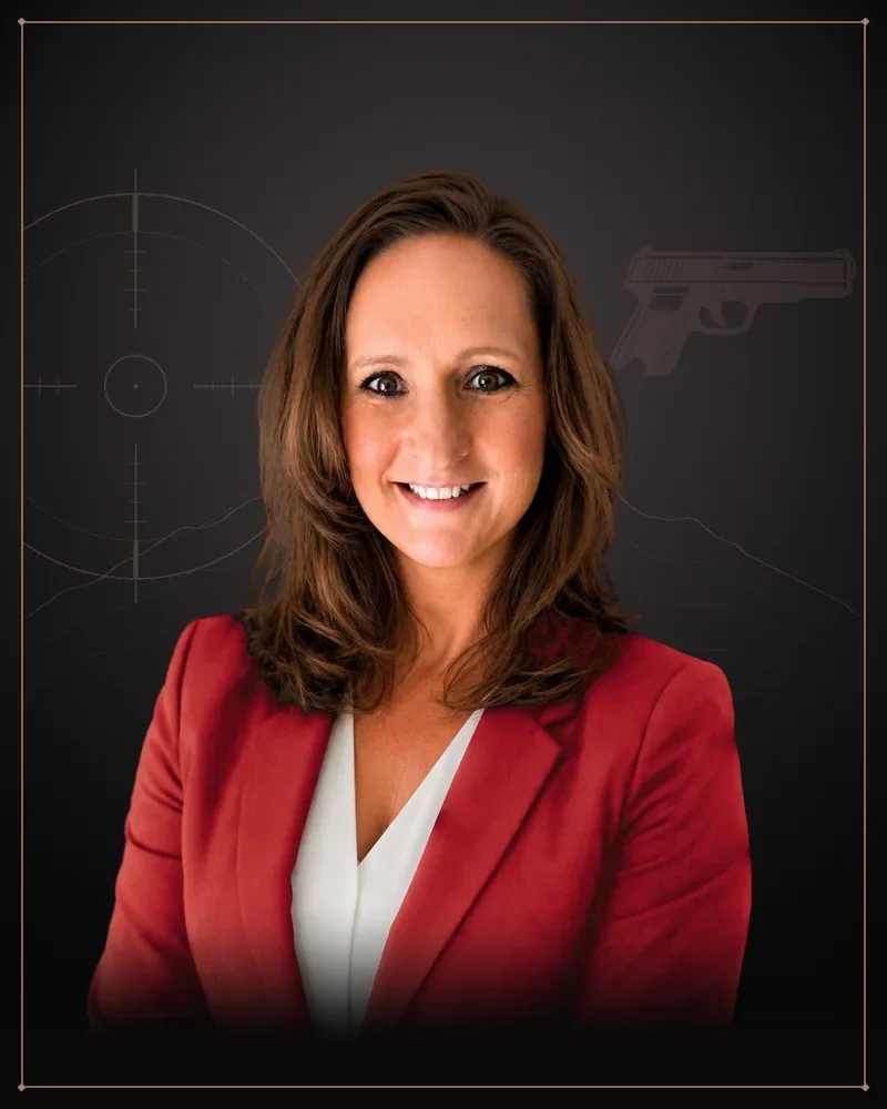 Maureen Rowe, NRA Certified Pistol Instructor, in front of The Polished Pistol rose gold and black backdrop