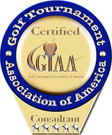 Gold and blue Golf Tournament Association of America Certified consultant emblem with five stars