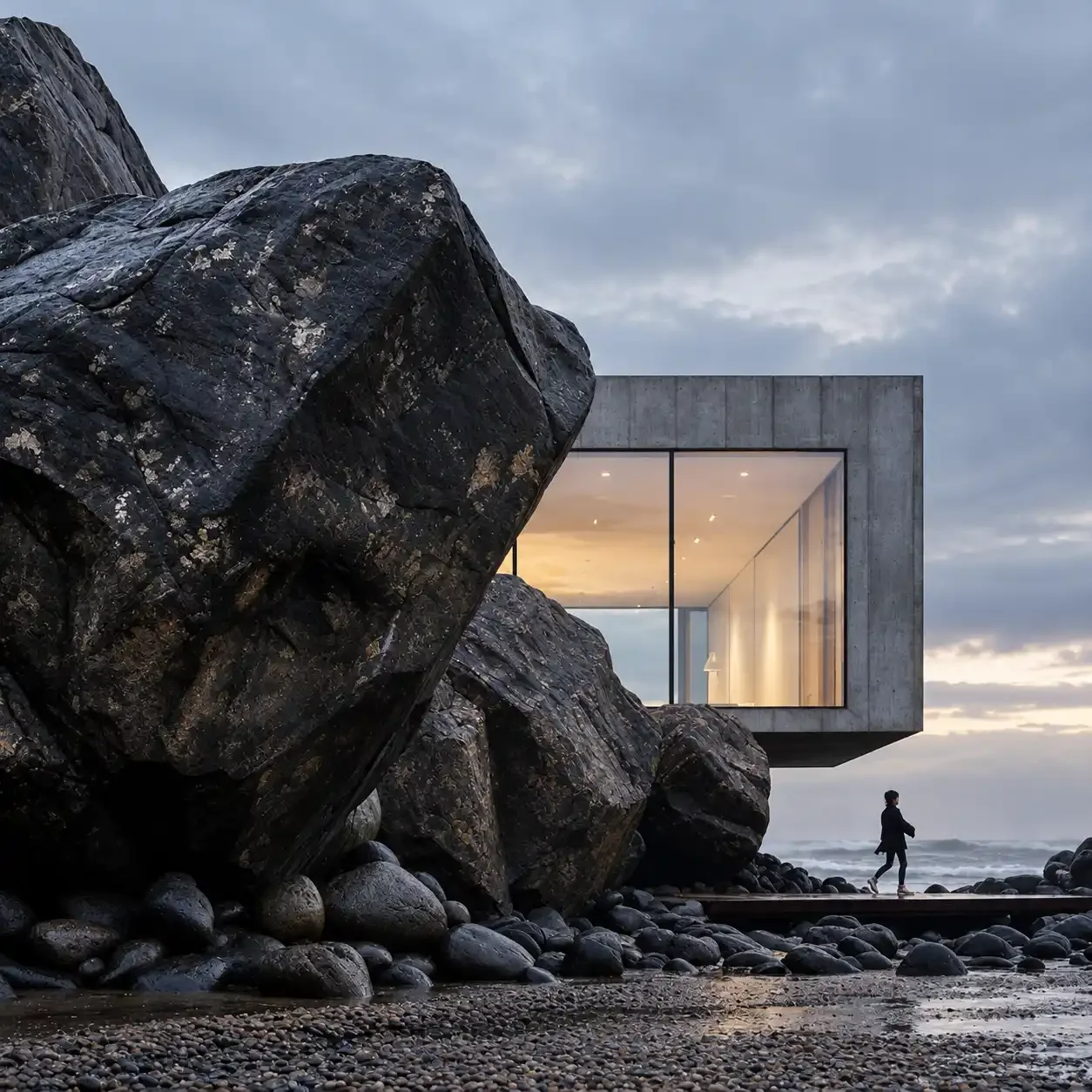 Modern house with large glass windows built into rocky coastline at sunset, with a person walking on rocks near the ocean.