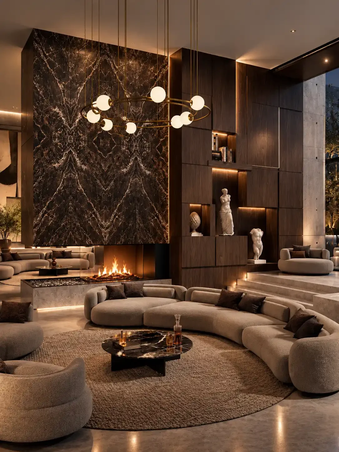Luxury modern living room with a large marble fireplace, circular seating area with beige and dark brown cushions, a round black coffee table with drinks, decorative sculptures and books on built-in wooden shelves, a contemporary chandelier, and larg