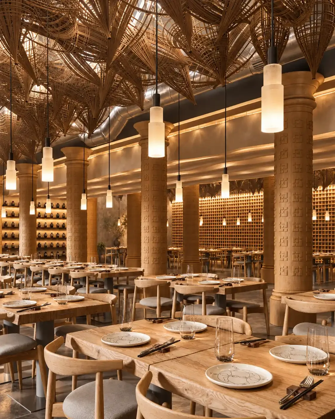 Interior of a modern restaurant with wooden tables and chairs, decorative pillars, hanging pendant lights, and ornate ceiling design.