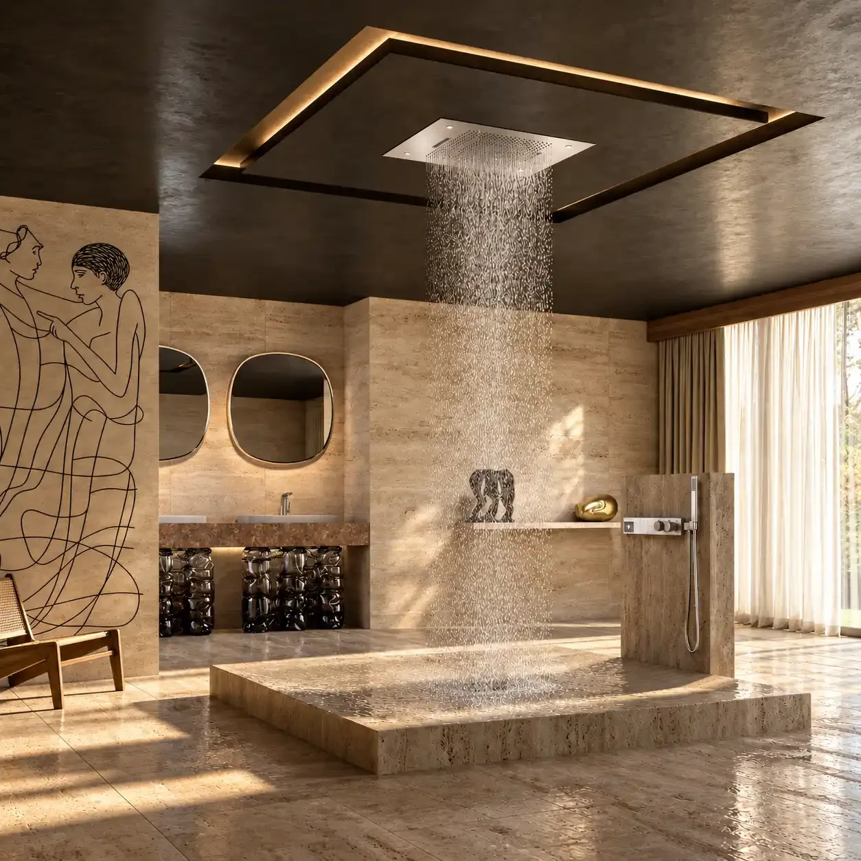 Modern indoor spa with a rainfall shower, beige marble floors and walls, large windows with curtains, and decorative sculptures and artwork.