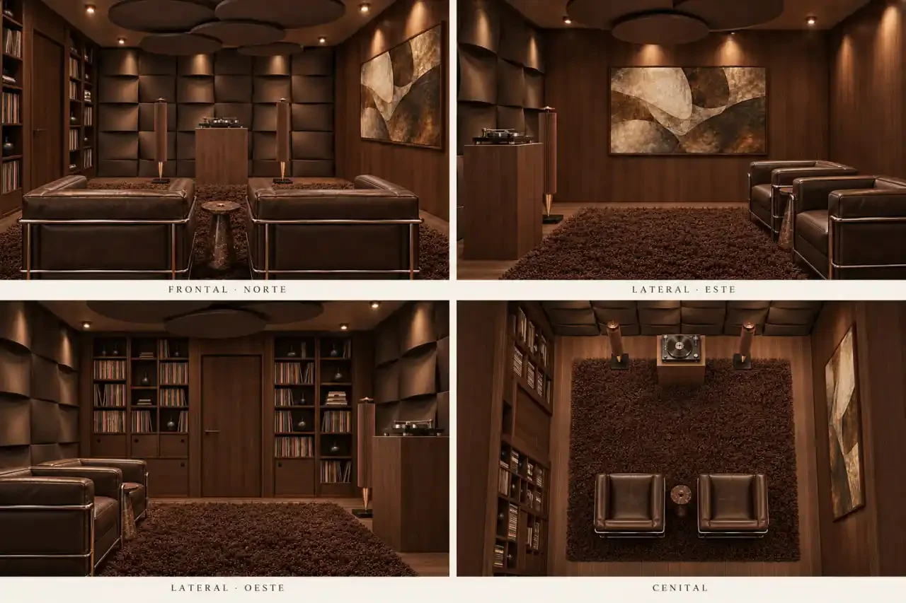 A cozy, wood-paneled music or reading room with leather furniture, a stereo, built-in bookshelves, abstract wall art, and soft lighting.