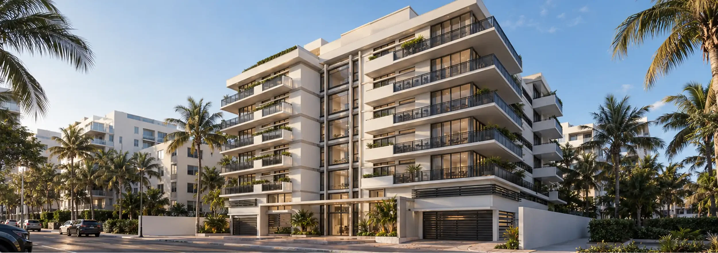 Modern multi-story apartment building with glass balconies, surrounded by palm trees and a street with cars.