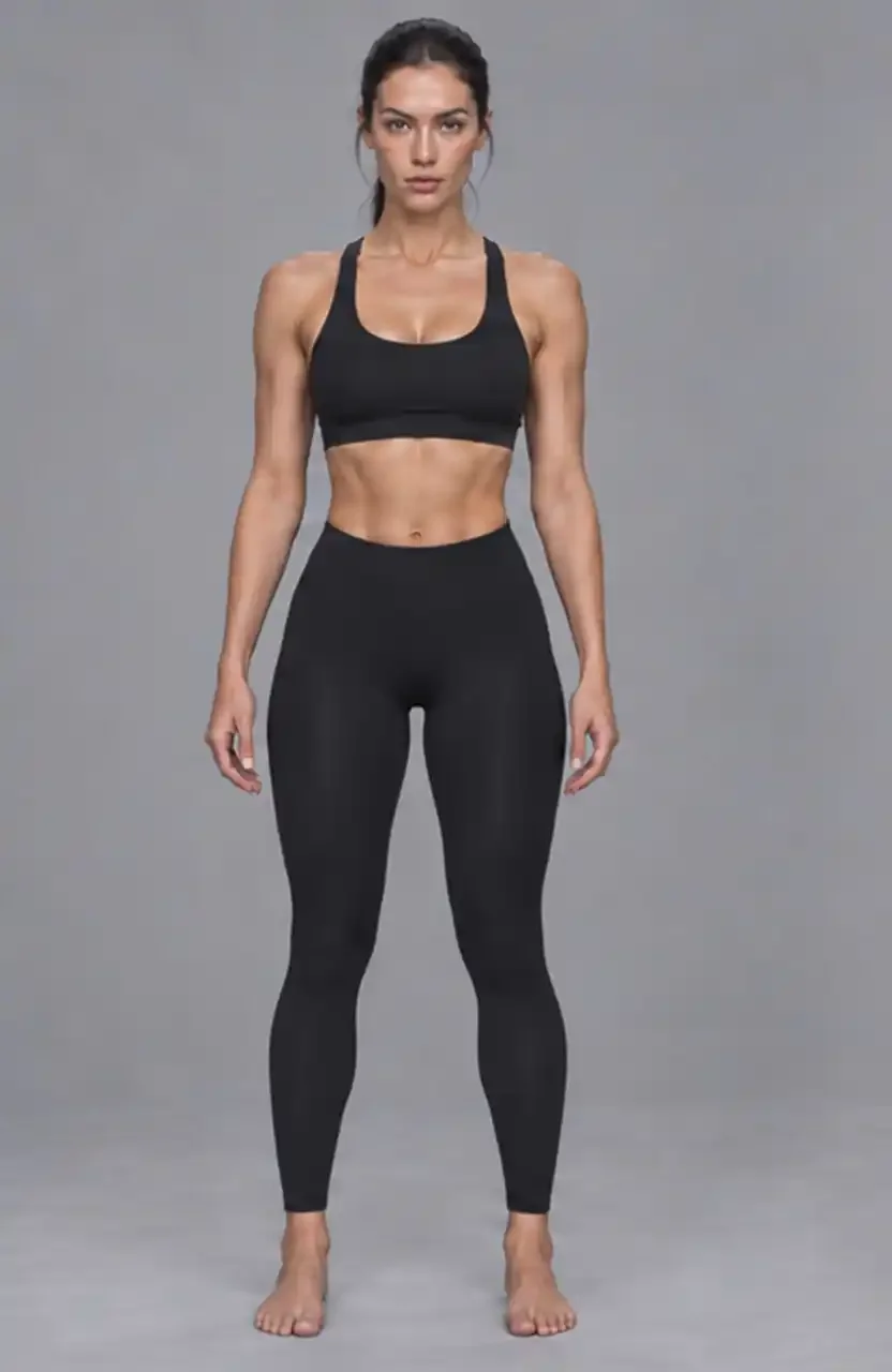 A woman standing with arms at her sides, wearing a black sports bra and black leggings against a plain gray background.