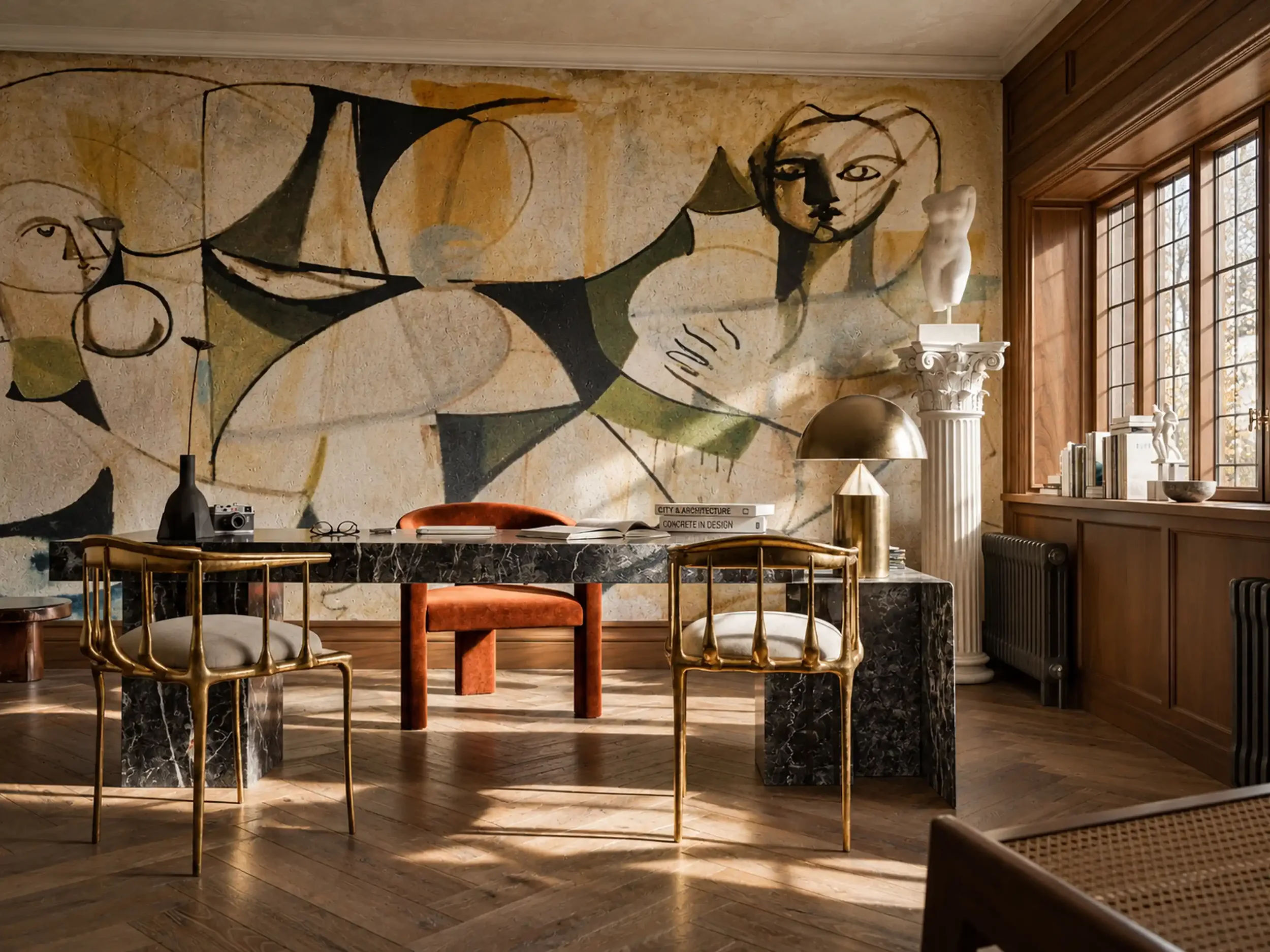 Interior room with abstract mural on the wall, a marble-topped table, upholstered chairs with gold legs, white bust sculpture on a column, and a large window with wood framing letting in natural light.