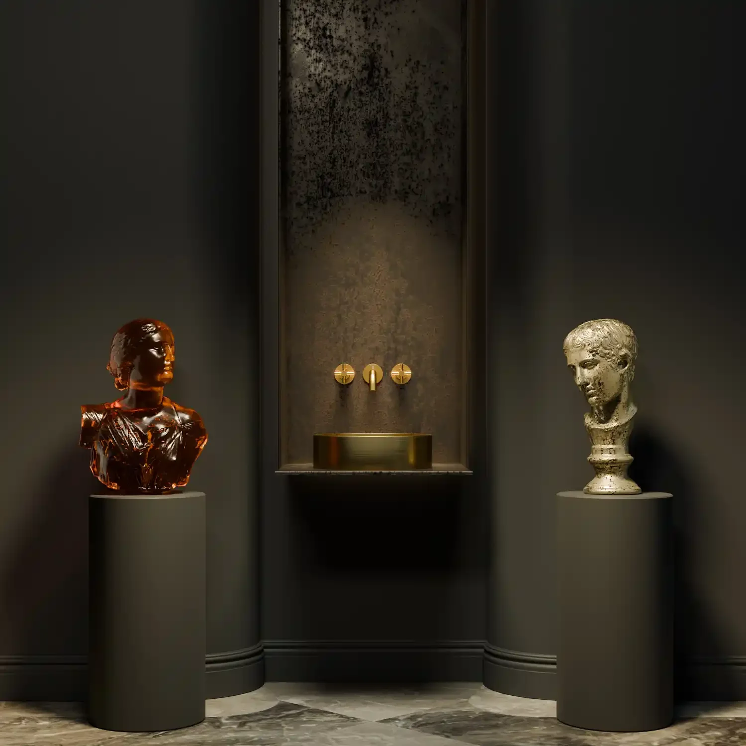Art display with two bust sculptures on cylindrical pedestals, one bronze-colored and one marble-colored, against a dark wall with a textured vertical panel in the center.