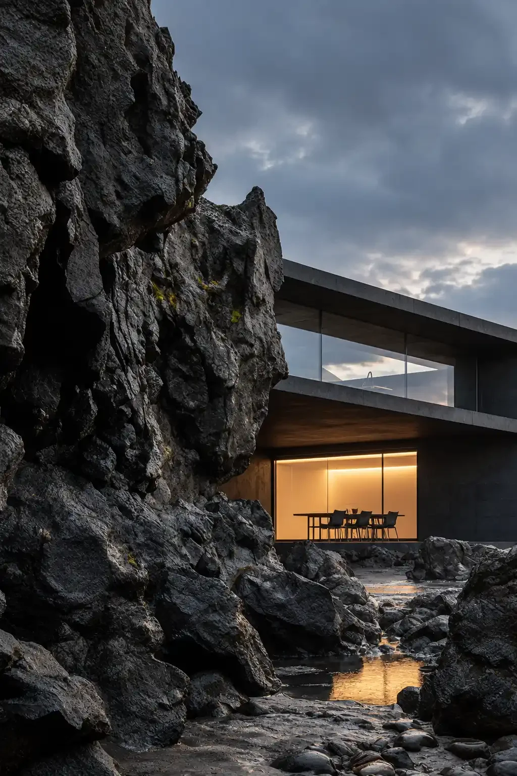 Modern house with large glass windows, situated among rocky terrain, with cloudy sky and a small stream reflecting the building's warm lights.