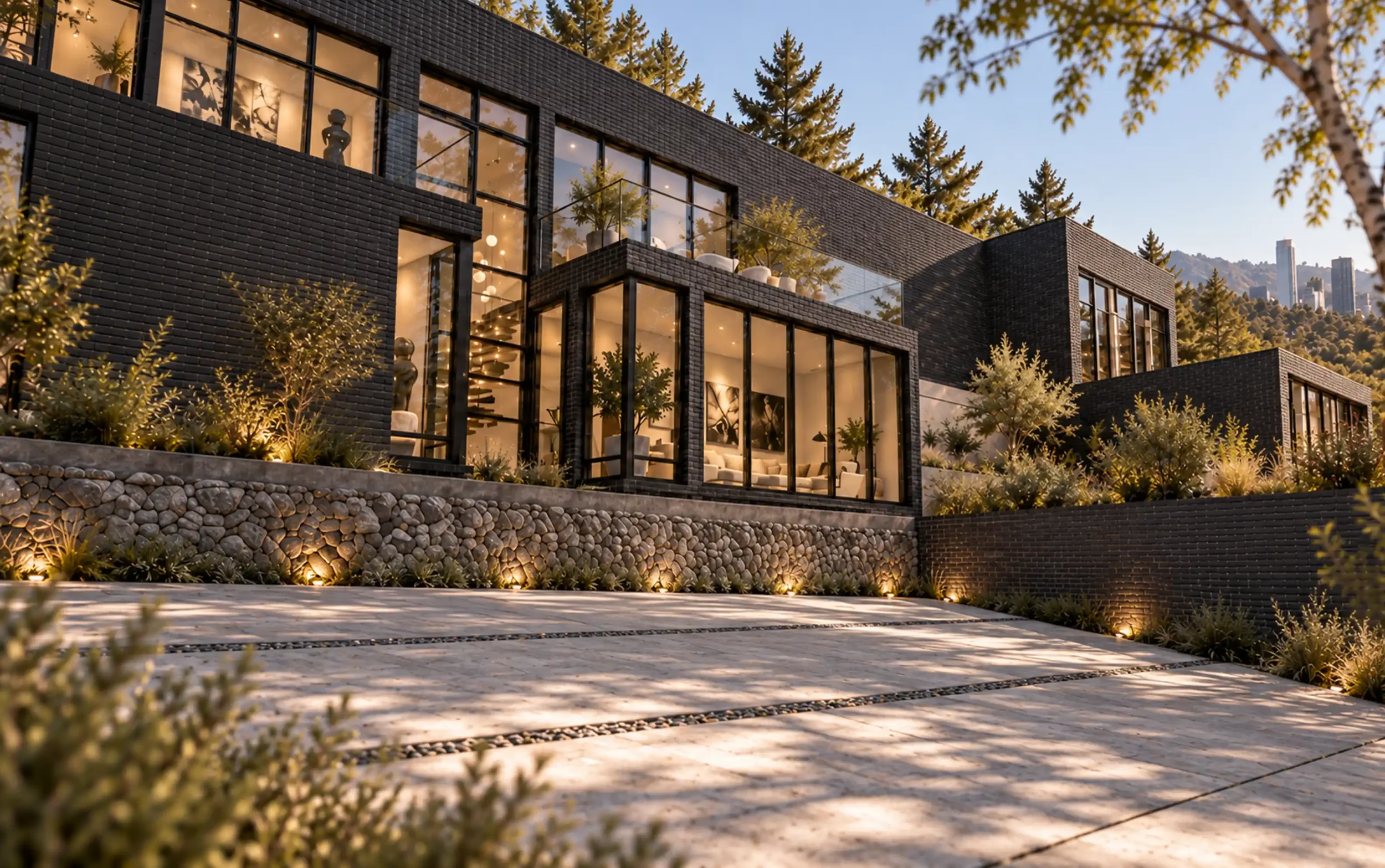 Nighttime exterior of a modern black brick house with large glass windows, illuminated from inside, surrounded by landscaped garden with small plants and lighting, with tall pine trees and city skyscrapers in the background.