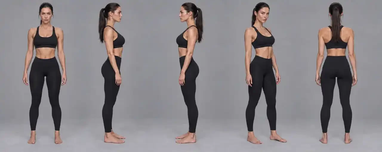 A woman in black athletic wear shown from front, side, and back views.