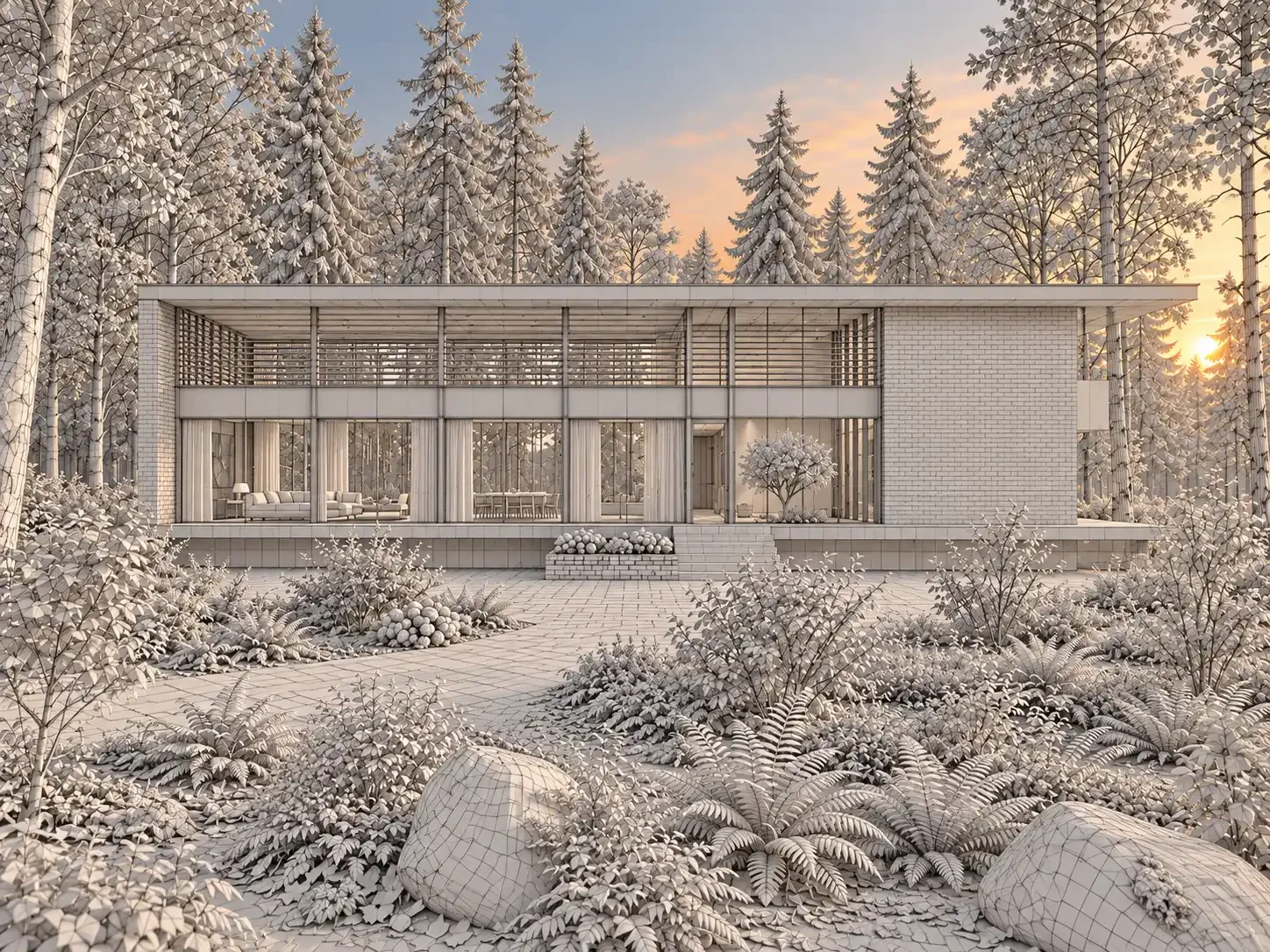 A digital architectural rendering of a modern house in a snowy forest, showing an exterior with large glass windows and a flat roof, surrounded by snow-covered trees, bushes, and pathway.