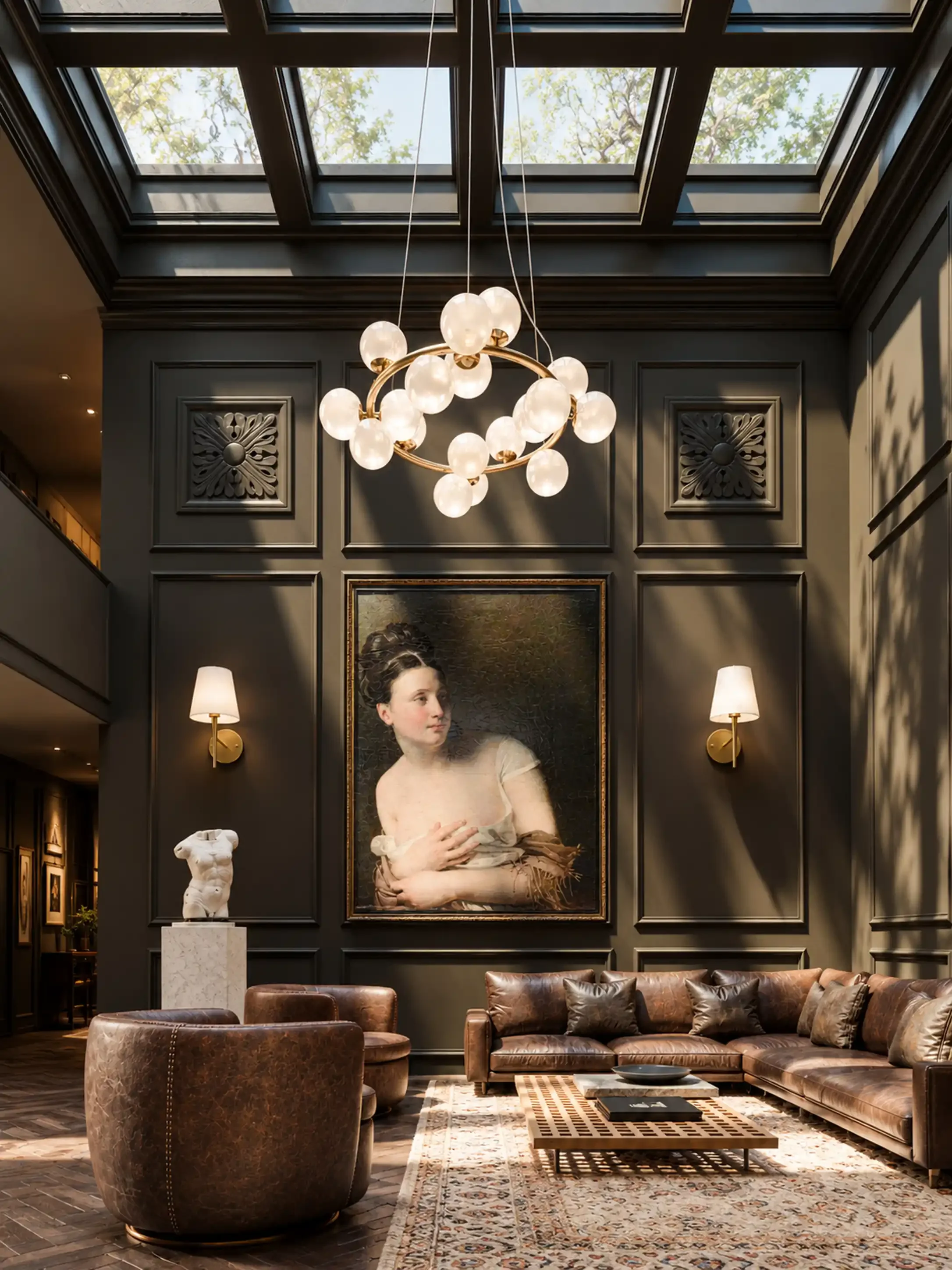 Interior of a luxurious room with dark paneled walls, a large painting of a woman, a modern chandelier with globes, leather seating, a marble sculpture, and a skylight with trees visible outside.