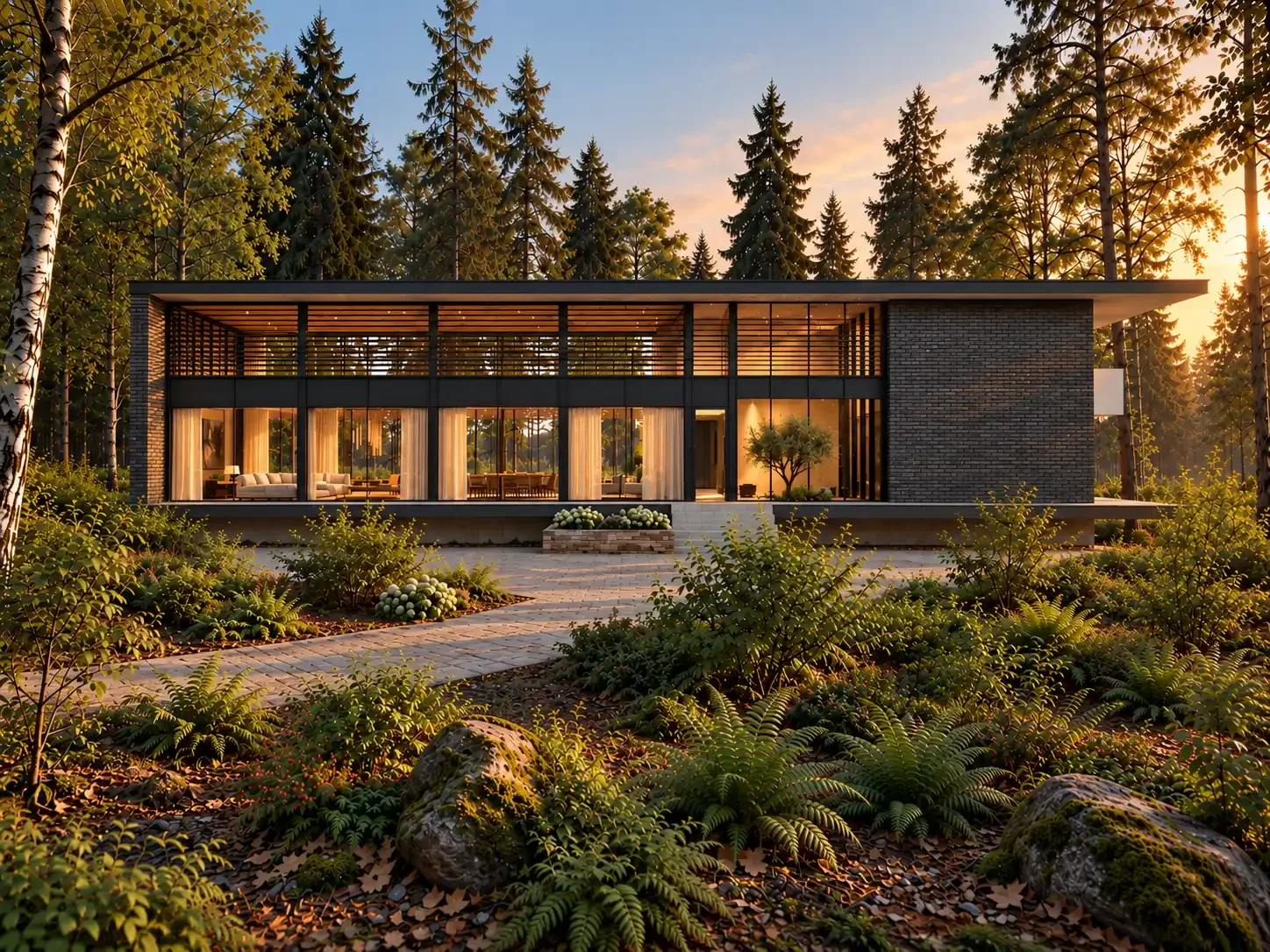 Modern house with large glass windows situated in a forested area at sunset.