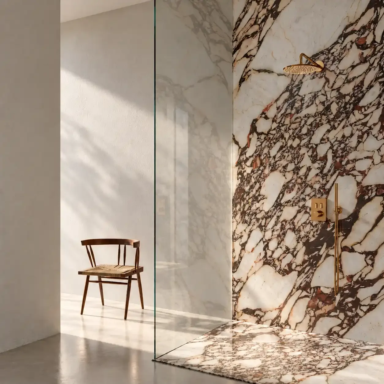 Minimalist bathroom with a marble shower wall, a gold showerhead, a gold handrail, a beige electrical outlet, and a wooden chair nearby, with sunlight casting shadows on the plain white wall.