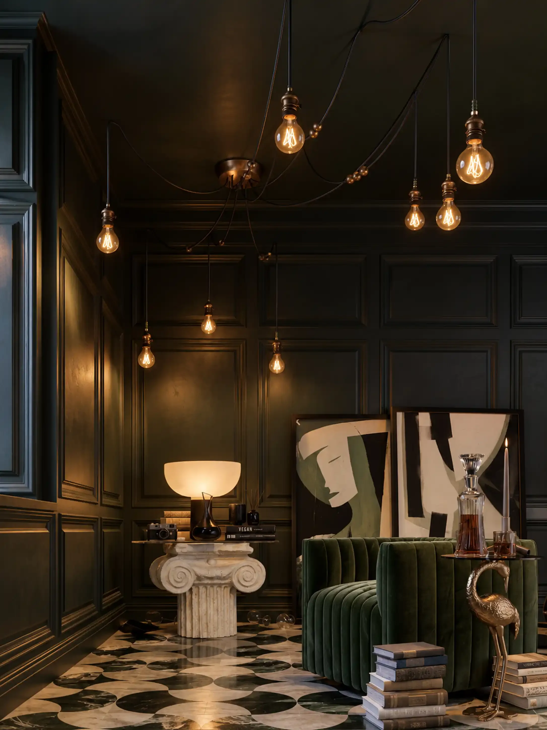 Interior of a living room with dark paneled walls, black and white marble patterned floor, various decorative items including a white classical column table, green velvet tufted sofa, abstract art pieces, and a modern lighting fixture with hanging Ed
