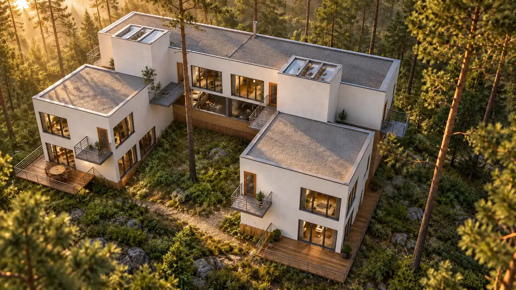 A modern multi-story house with white exterior walls and large windows, surrounded by tall trees and greenery. The house features multiple balconies and rooftop skylights, with wooden decks and outdoor furniture, set in a forested area at sunset.