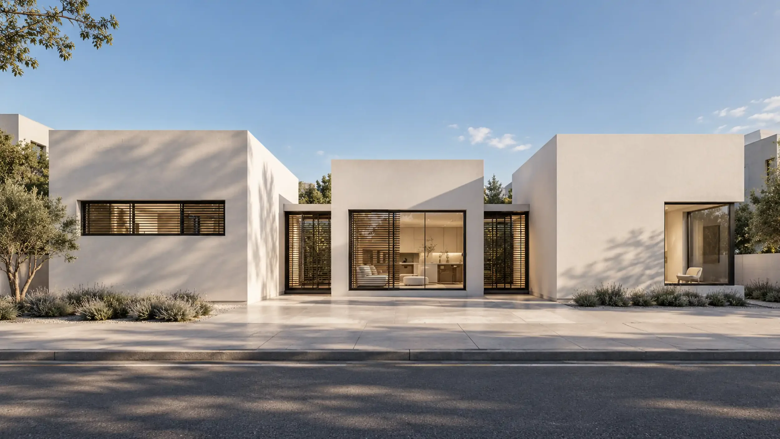 Modern white house with large glass windows, wooden blinds, and surrounded by desert plants, under a clear blue sky.