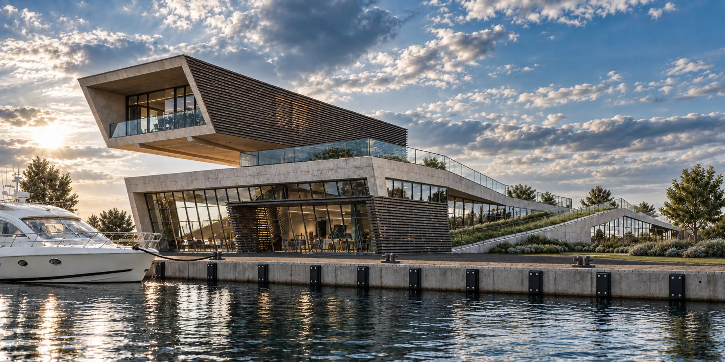 Modern waterfront building with large glass windows and multiple levels, surrounded by trees and boats docked at the water, under a partly cloudy sky at sunset.