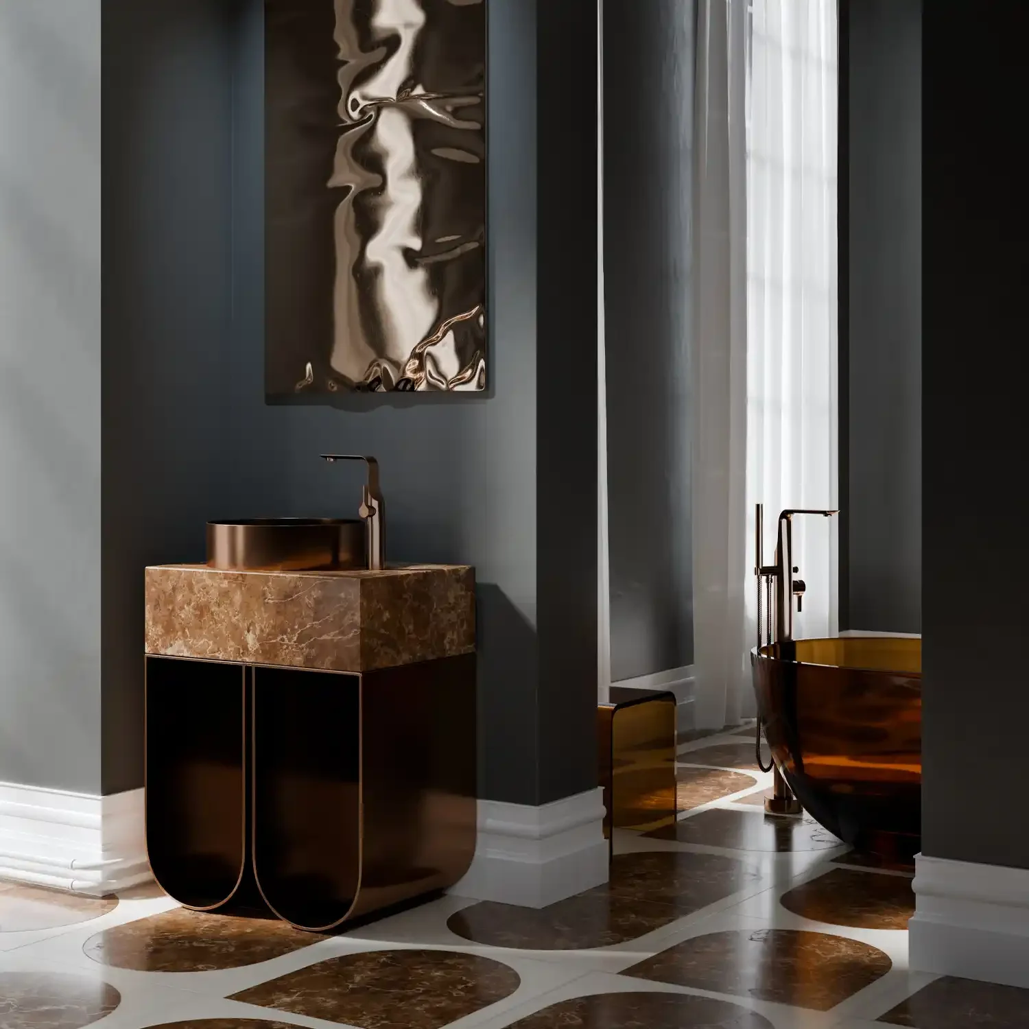 Interior view of a modern bathroom with dark gray walls, a marble sink vanity, a large abstract metallic art piece, a copper-colored bathtub, and tall windows with sheer white curtains. The floor has a decorative pattern with dark and light brown mar