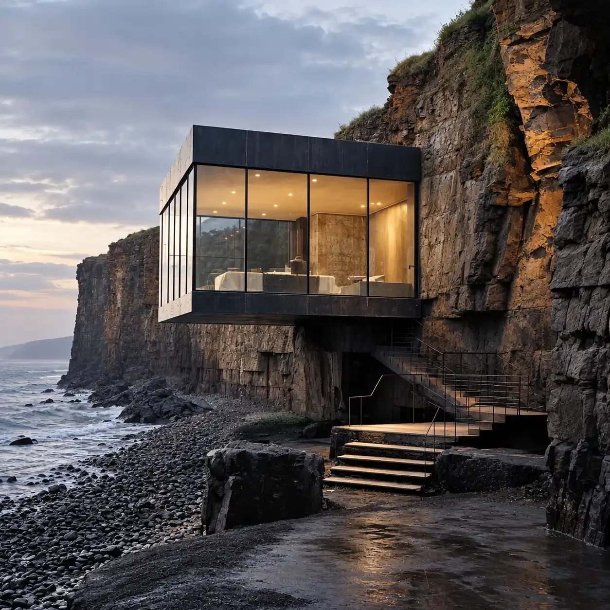 Modern glass house built into a rocky cliff side overlooking the ocean, with stairs leading down to a pebble beach, during sunset.