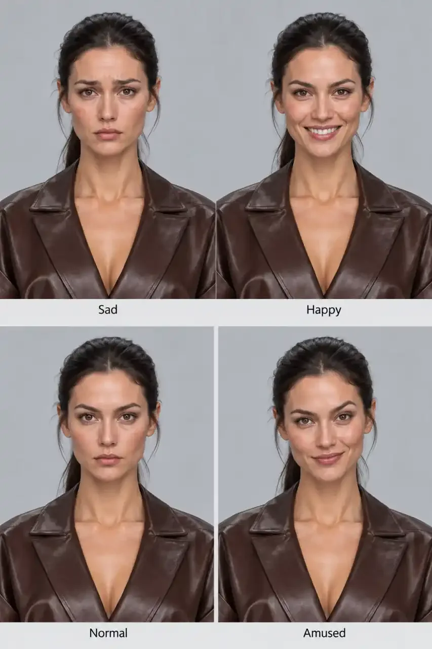 A woman shows four different facial expressions in a grid: sadness, happiness, neutrality, and amusement, with labels under each image.
