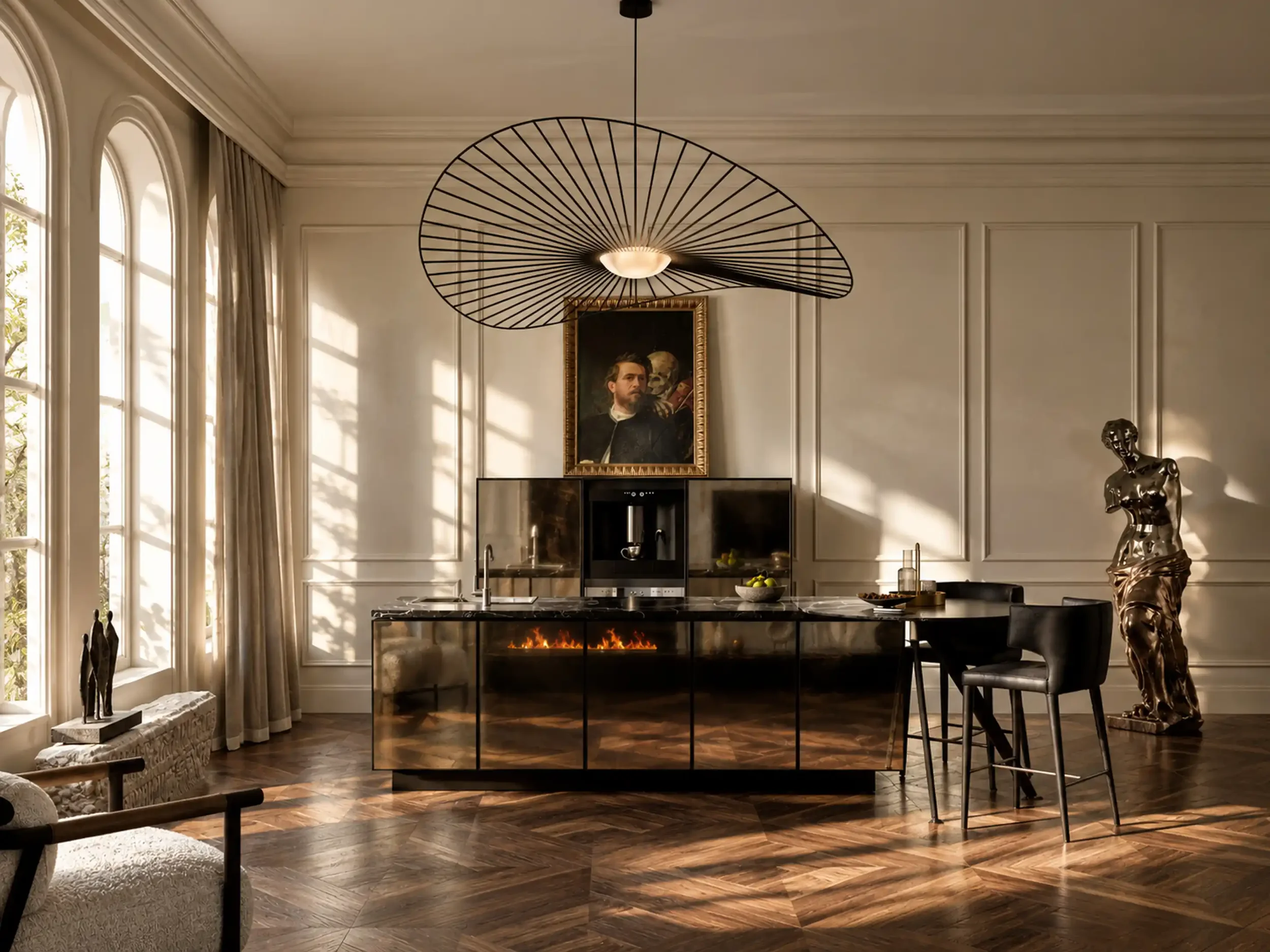 Living room with a modern black fireplace, a framed portrait of a man, abstract sculptures, and a unique black metal ceiling light fixture shaped like a large, curved wireframe disc.
