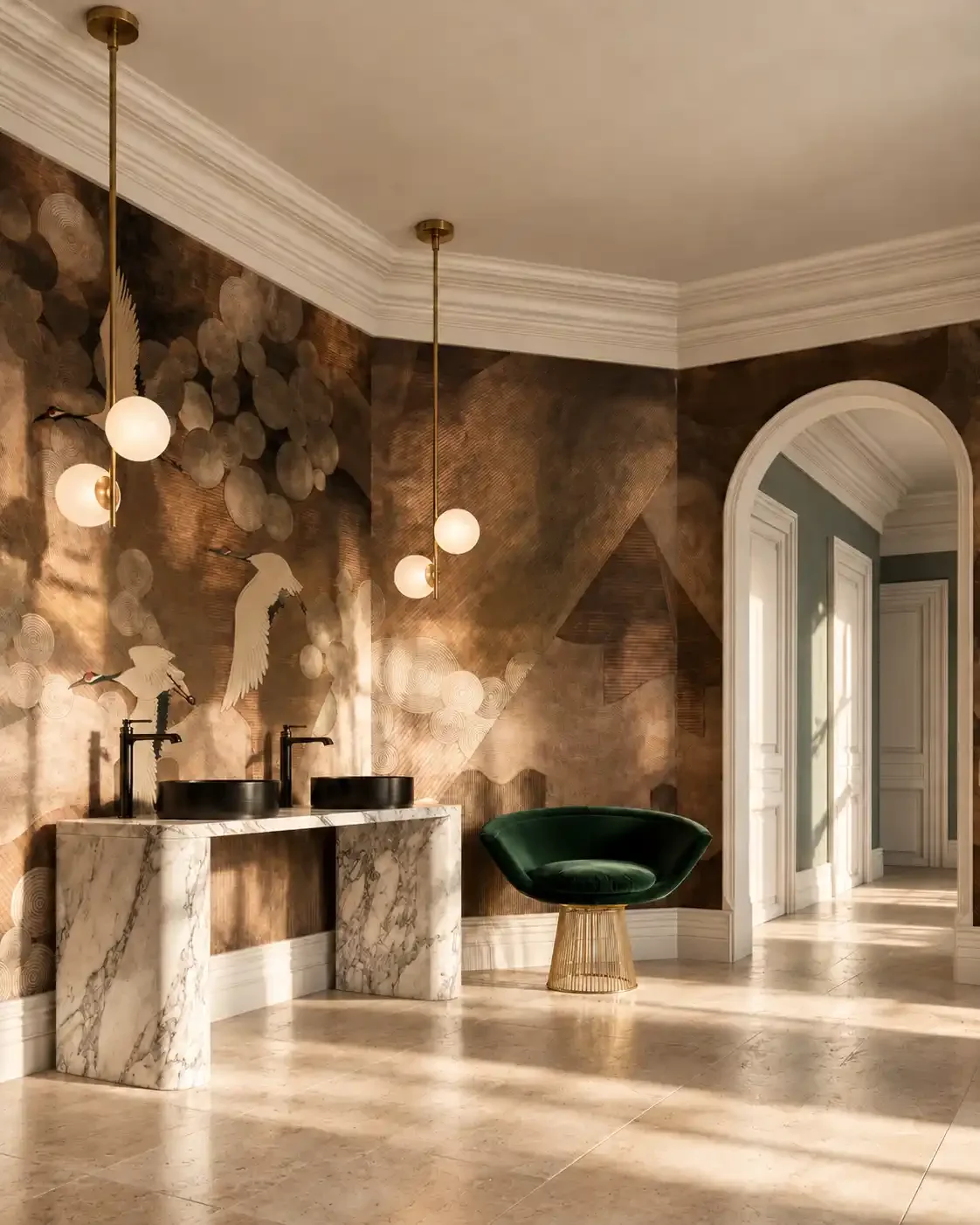 Luxurious interior with a marble sink vanity, black sinks, modern black faucets, two pendant lights, a green velvet chair with a gold wire base, and a mural of white cranes on a textured gold-toned wall, featuring an arched doorway leading to another