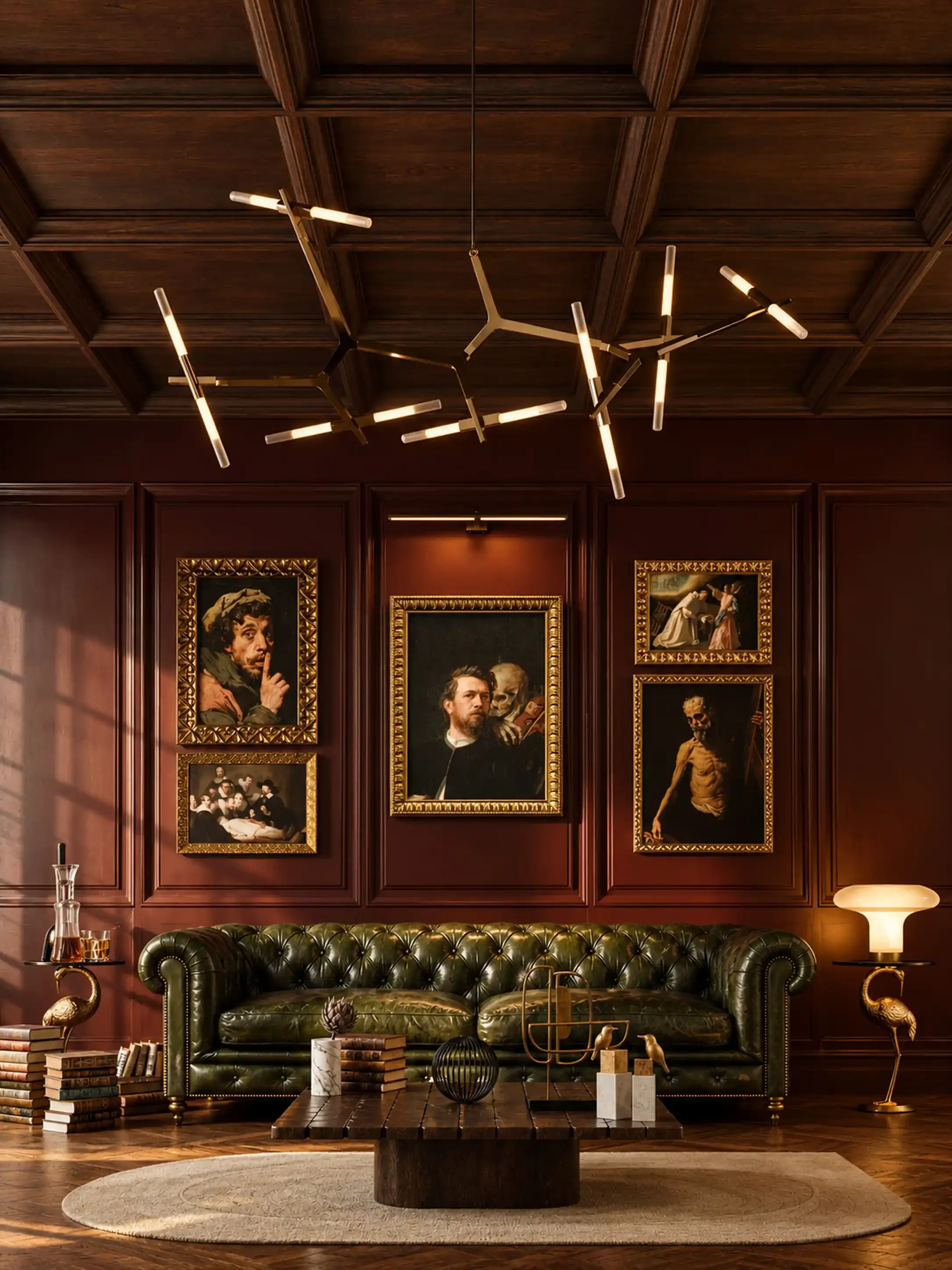 A luxurious living room with dark wood paneled walls and a matching ceiling, adorned with framed classical paintings. A dark green leather tufted sofa is centered in front of the wall. A round beige rug covers part of the wooden floor. On a low recta