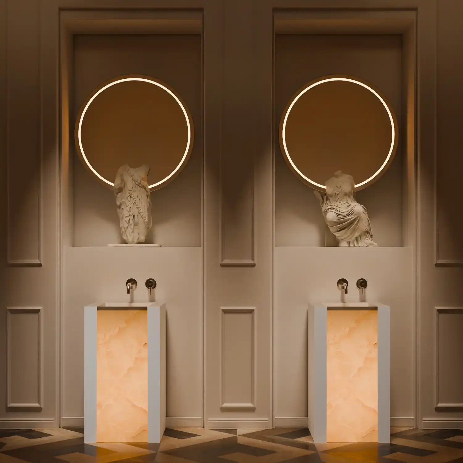 Two illuminated circles above two classical sculptures draped in fabric, set in a beige-paneled room with two small pedestals beneath each sculpture.