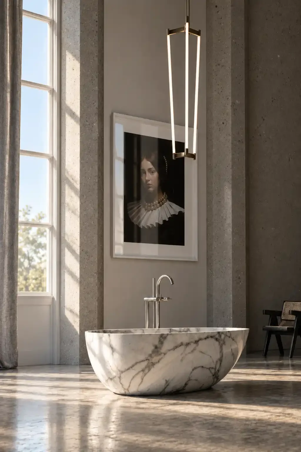 Modern bathroom with a marble freestanding sink, a large window, a framed portrait of a woman in vintage attire, and a contemporary chandelier, with sunlight casting shadows on the polished floor.