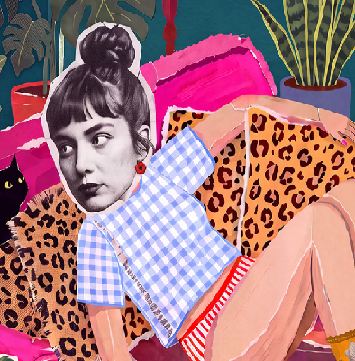 Illustration einer jungen Frau mit einem hohen Dutt, die auf einem Sofa sitzt, umgeben von farbenfrohen Möbeln und Pflanzen.