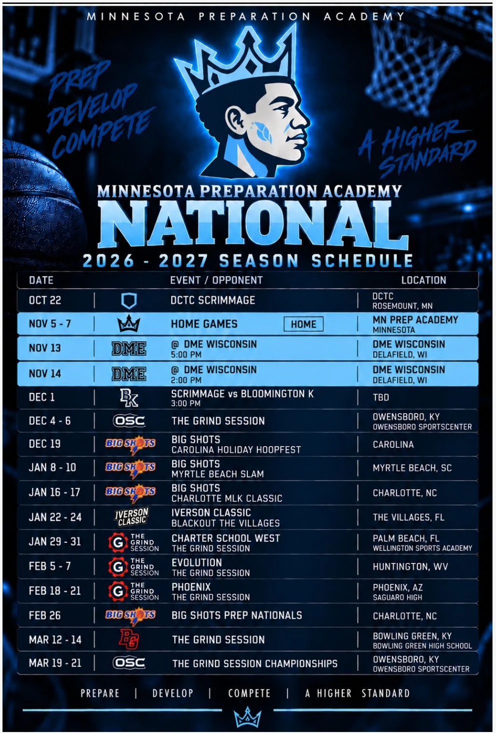 Minnesota Preparation Academy 2026-2027 season schedule poster. Features a stylized profile of a young person with a crown and leaf tattoo, with basketball imagery in the background. Key phrases include 'Prep Develop Compete,' 'A Higher Standard,' and 'National.' Lists game dates, opponents, and locations, with a blue and black color scheme.