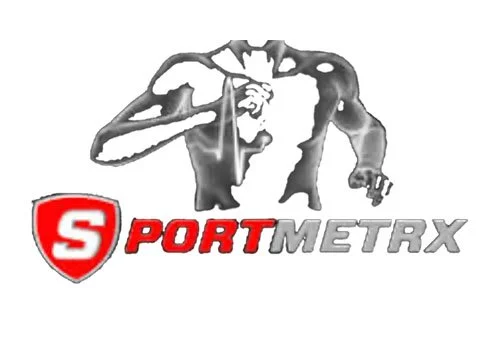Logo of SportMetRx with a stylized, abstract black and white figure of a muscular man lifting weights, and red and gray text.