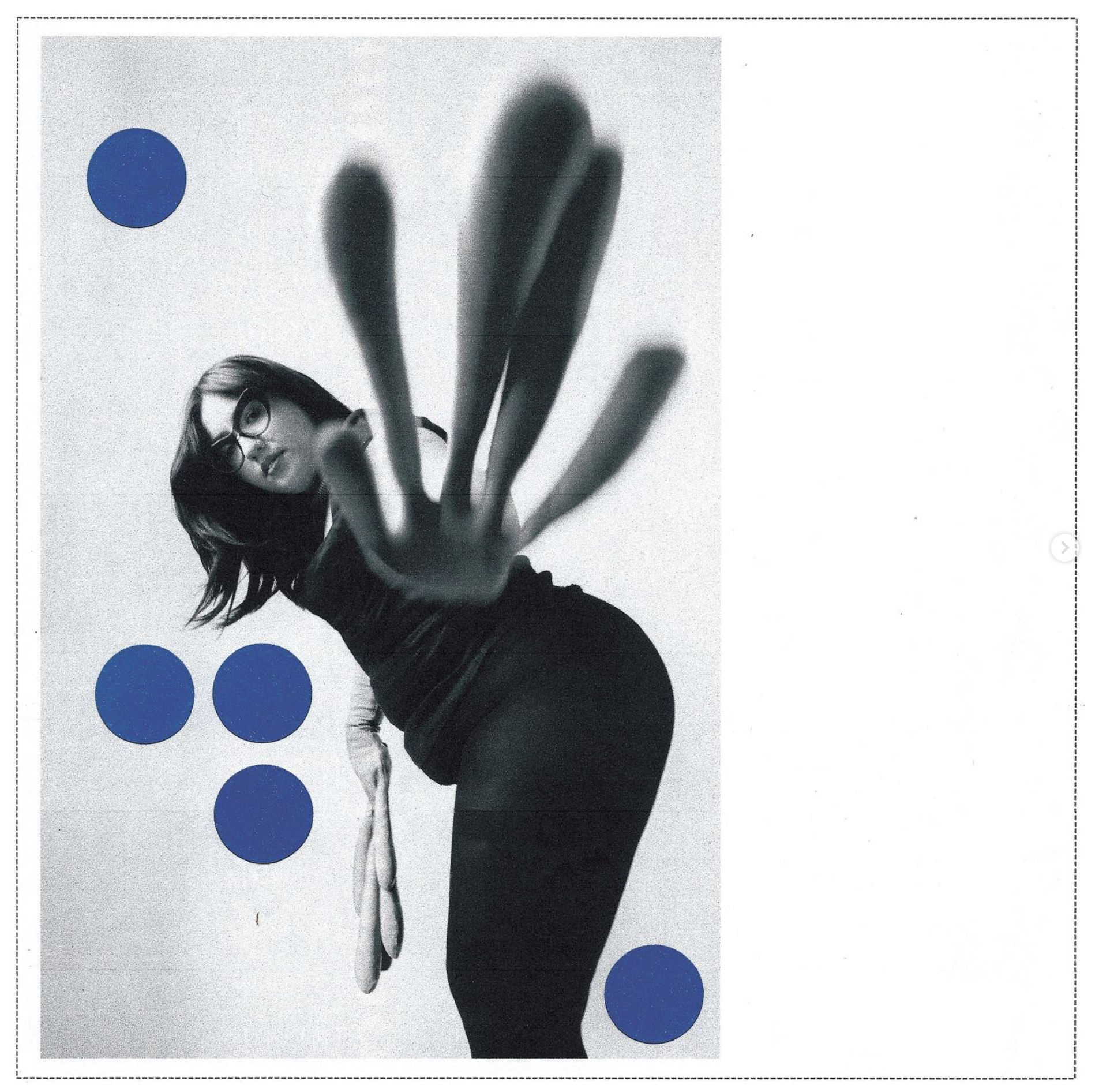 Black and white photo of a woman with glasses, reaching forward with her hand, with six blue circles in a vertical line on a light background.