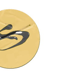 A yellow disc with black calligraphy or design on it.