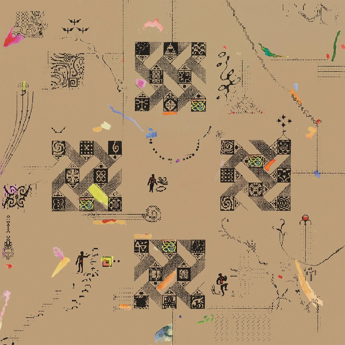 Abstract digital art featuring geometric patterns, small human figures, colorful paint splashes, and scattered decorative elements on a beige background.
