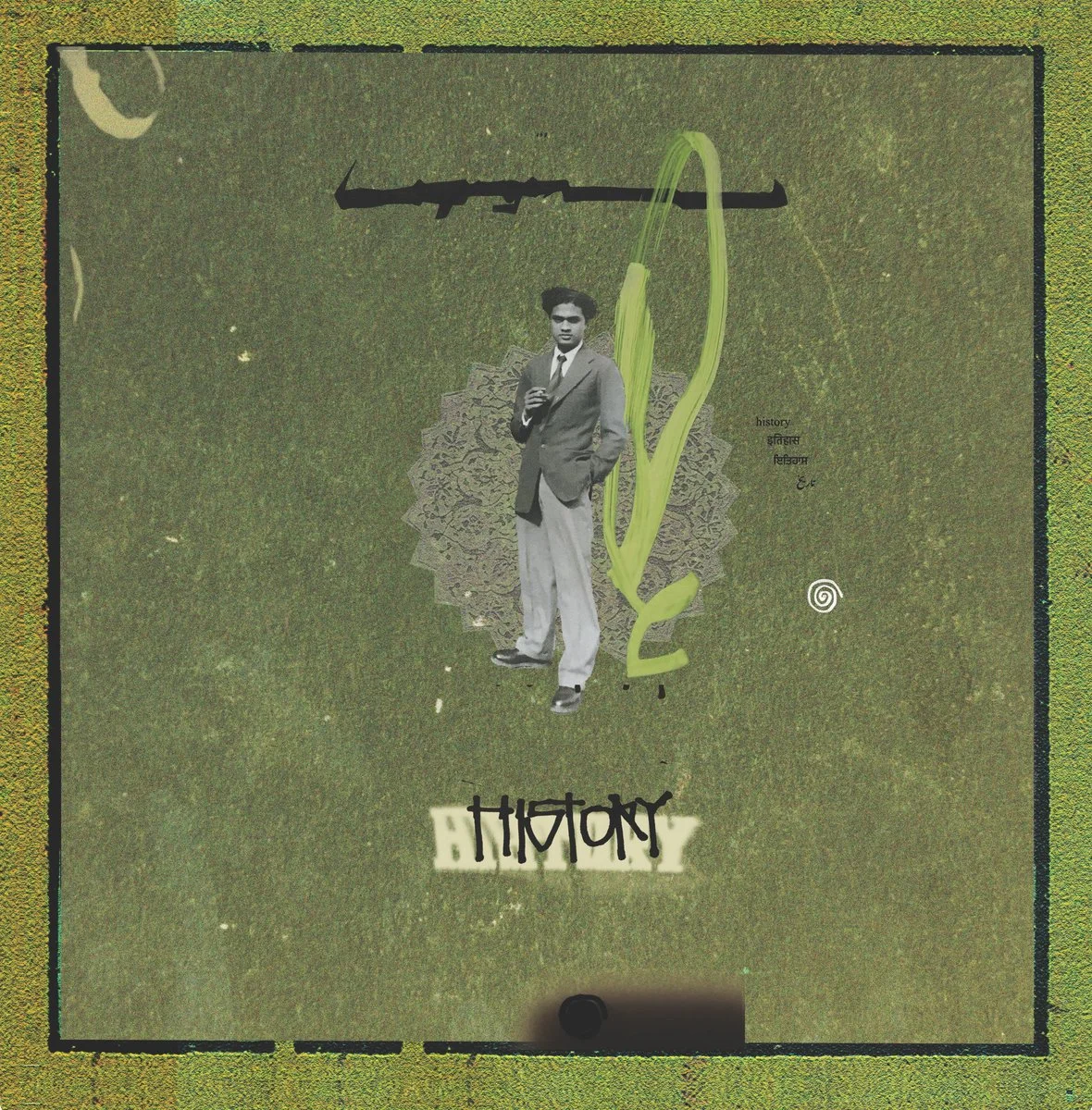 A collage with a man in a suit holding a phone, a large green graphic element, and various background textures and text, including the word 'HISTORY' at the bottom.