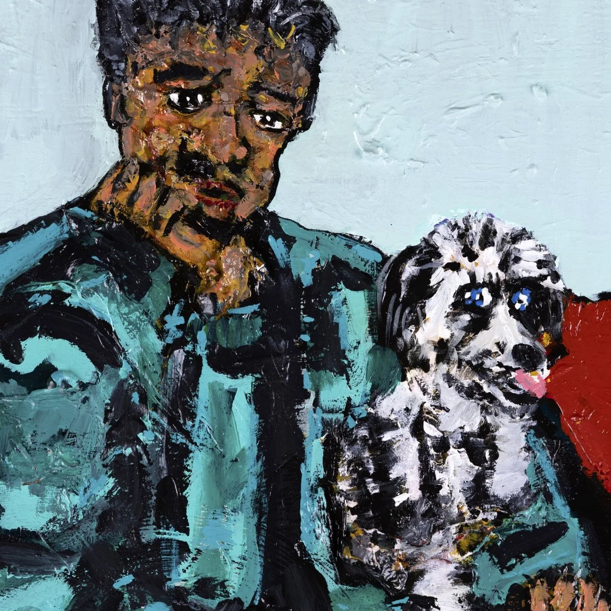 A colorful abstract portrait of a man with dark curly hair, wearing a blue jacket, with a dog with white and black fur, sitting beside him. The man has a contemplative expression and the dog is looking directly at the camera.