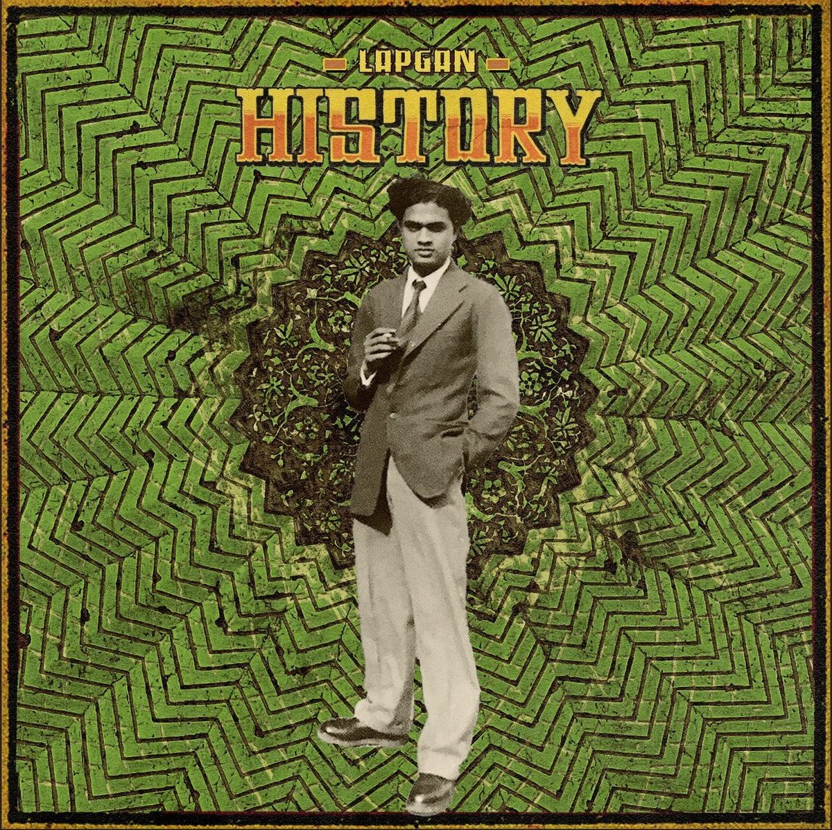 A vintage-style collage featuring a man in formal attire standing in front of a green, patterned background with the title 'LAPGAN HISTORY' at the top.