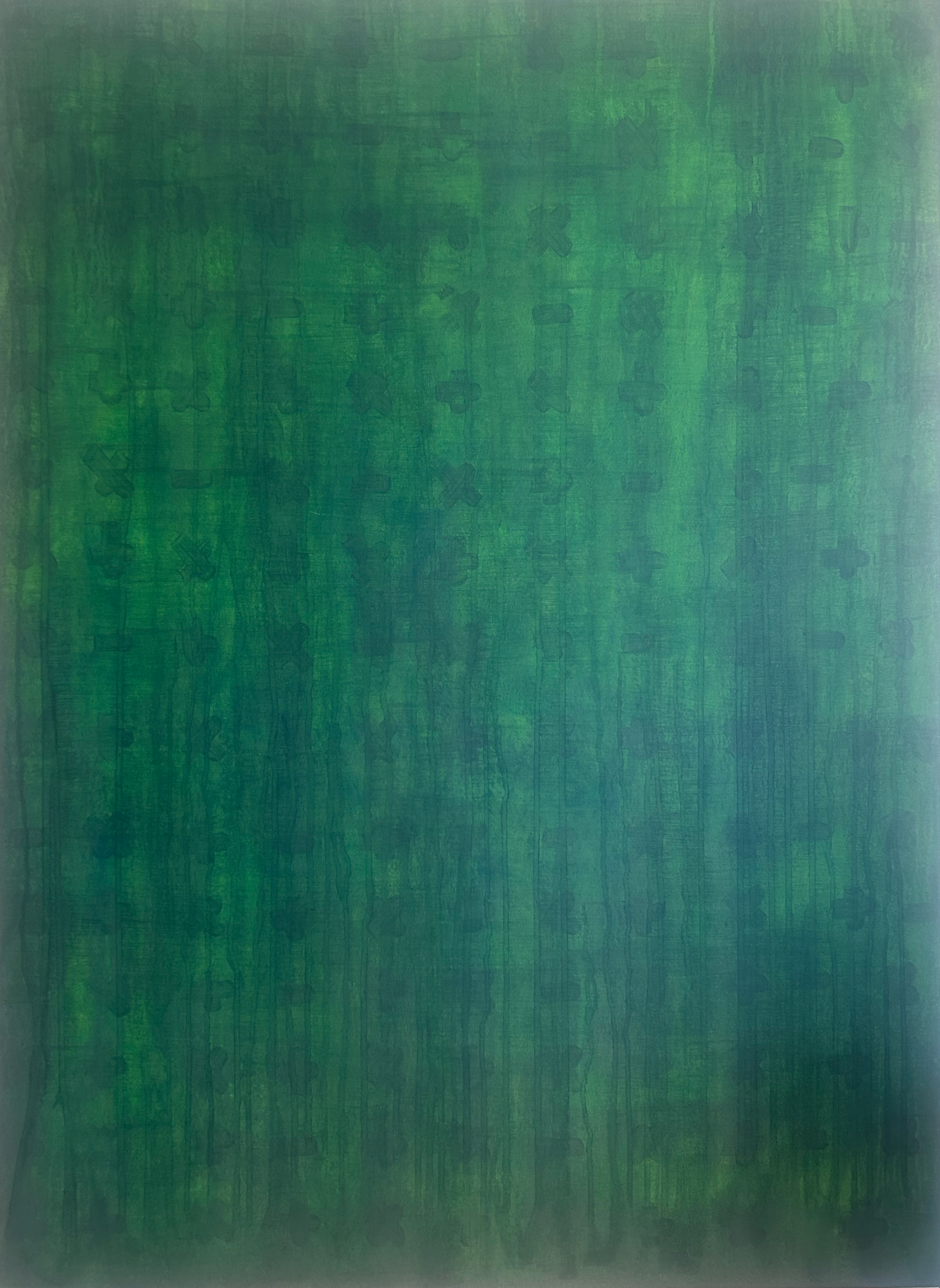 Green textured surface with a pattern of small dark outlines of bones, pencils, and bones.