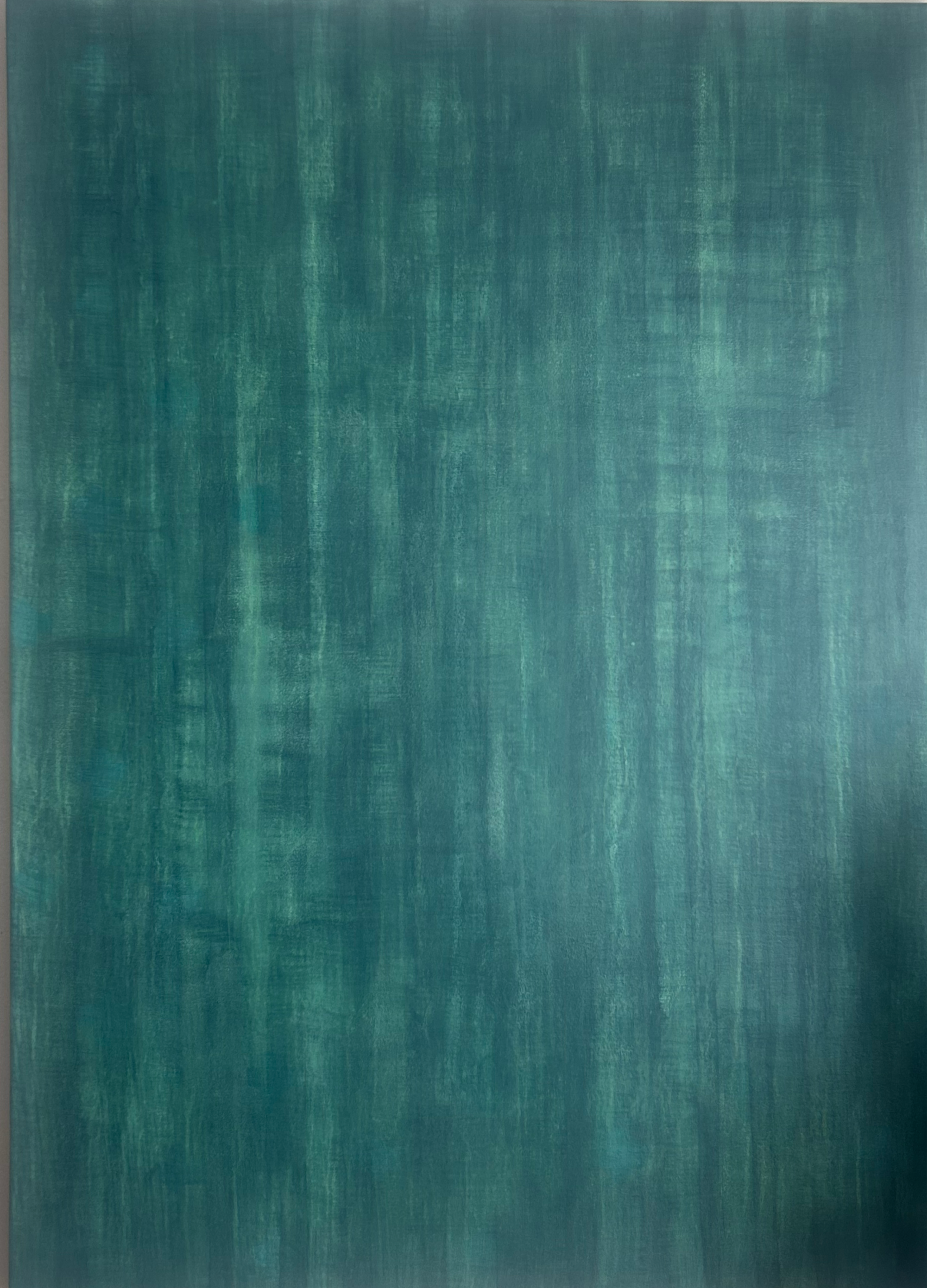 Abstract painting with horizontal brushstrokes in various shades of teal and turquoise.