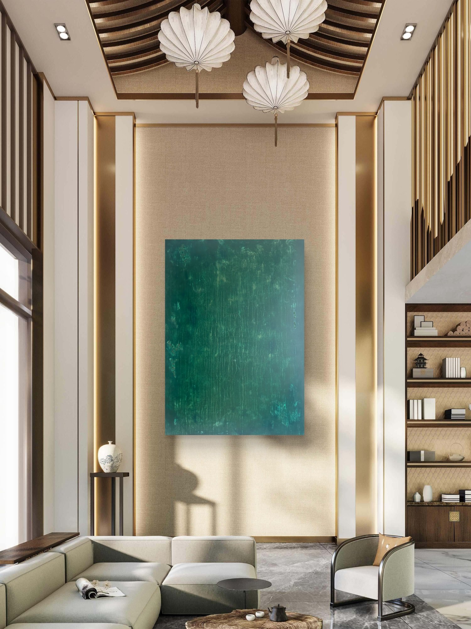 Interior of a modern living room with a large teal artwork on the wall, white couch and chairs, wooden and marble accents, and decorative objects on a side shelf.