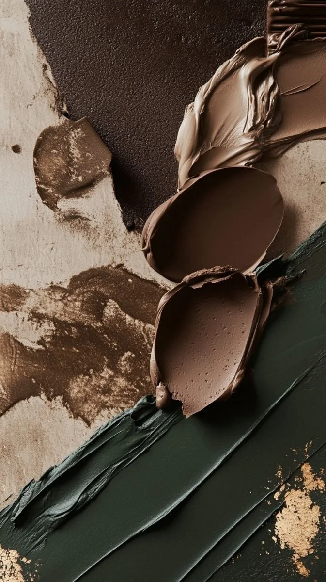 Close-up of various shades of melted and solid chocolate spread on a surface, with some chocolate smudges and streaks.