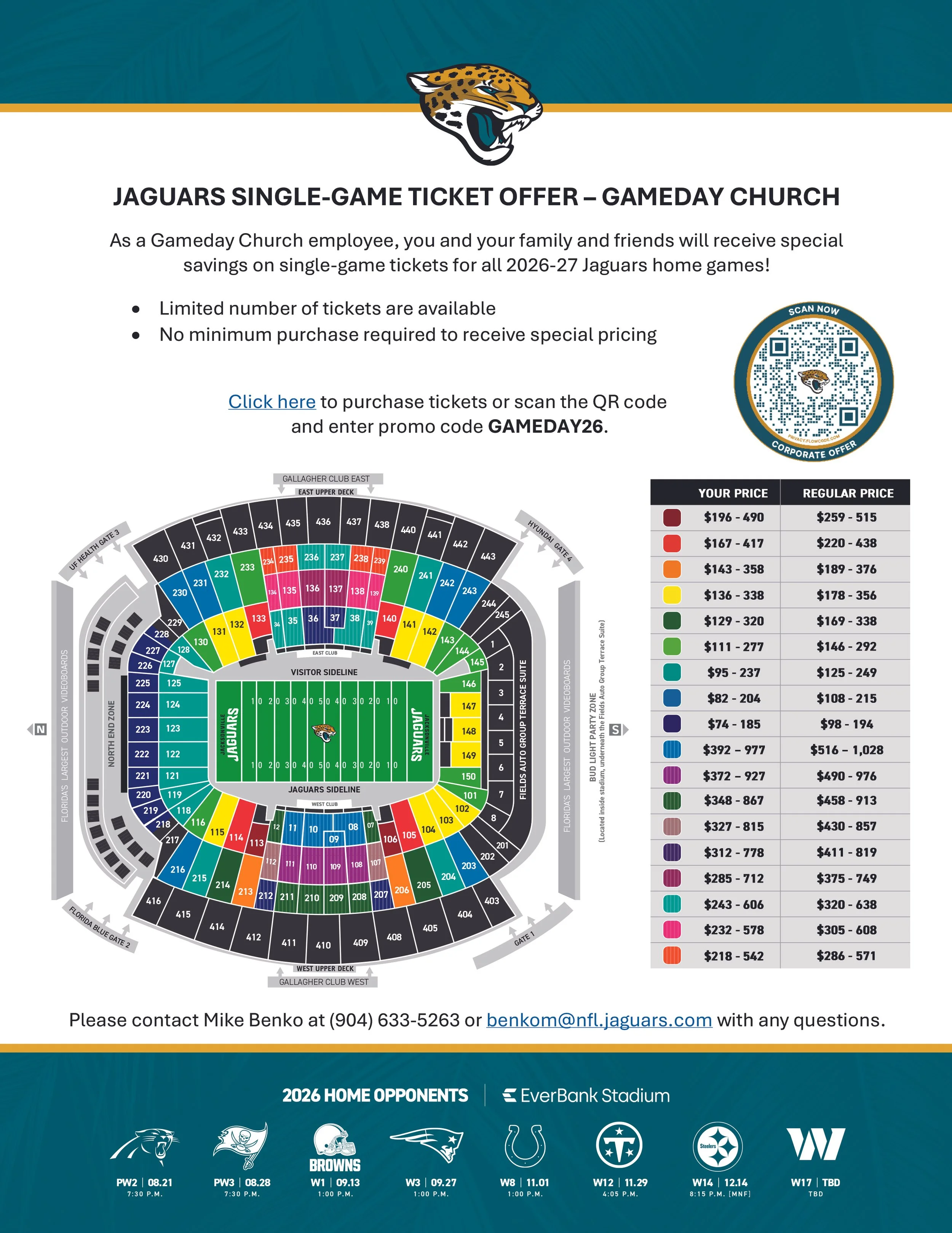 Jacksonville Jaguars seating chart with ticket prices and schedule for upcoming home games at EverBank Stadium, including contact information for tickets.